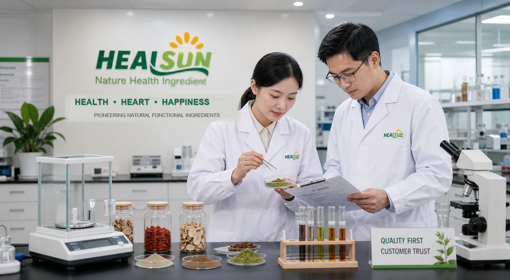 Healsun laboratory quality control team with branded lab coats and ingredient samples